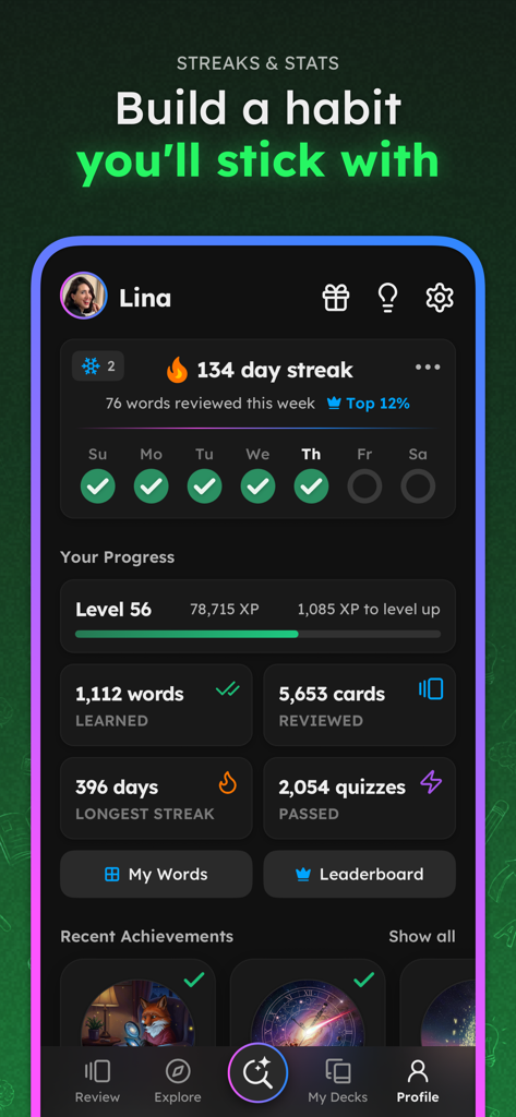 VividVocab: Remember Words - A screenshot of the VividVocab app showing a user profile with a 134 day streak and detailed vocabulary learning statistics.
