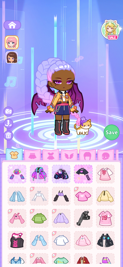 Character customization screen in Pocket Life showing various clothing options and a pet cat