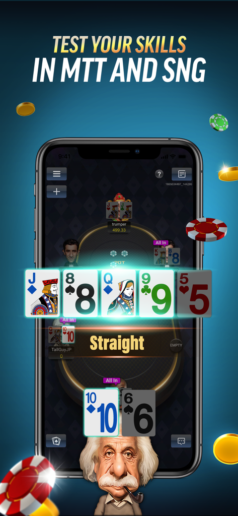 PokerBROS - Your Poker App - Mobile gameplay of PokerBROS showing a poker table with a straight hand and tournament modes