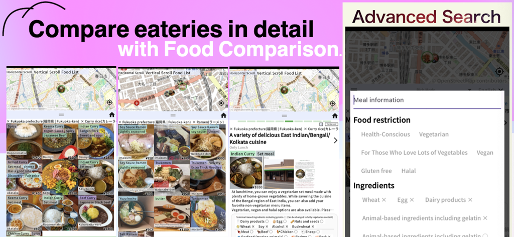 Japan Food Menu - Screenshots of the Japan Food Menu app showing a visual dish comparison and advanced dietary search filters for travelers.