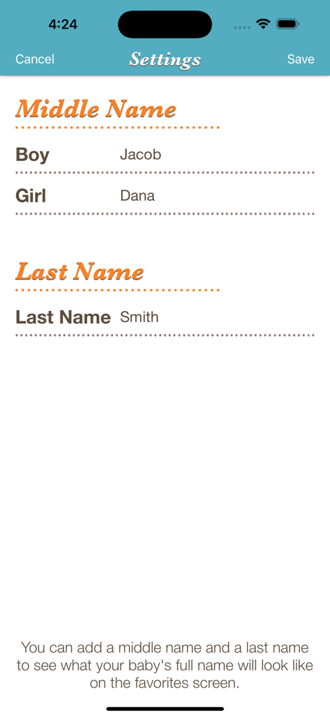 Baby Names™ - Settings screen of the Baby Names app to enter middle and last names for full name preview.