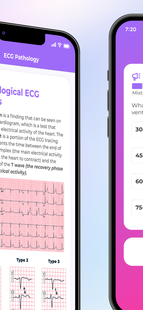 InVivo: ECG (EKG) Course - Mobile screens from the InVivo ECG app showing pathology lessons with electrocardiogram strips and practice quiz questions