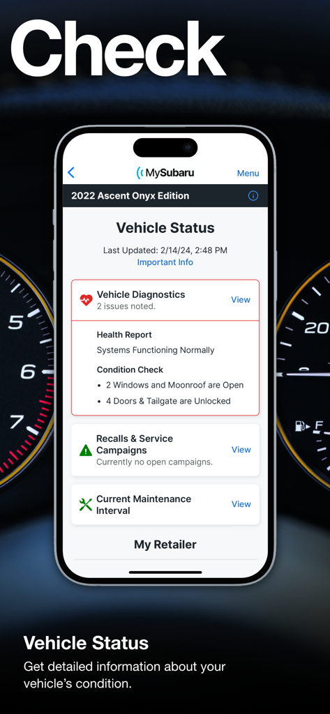 MySubaru app displaying vehicle diagnostics and maintenance status for a Subaru Ascent