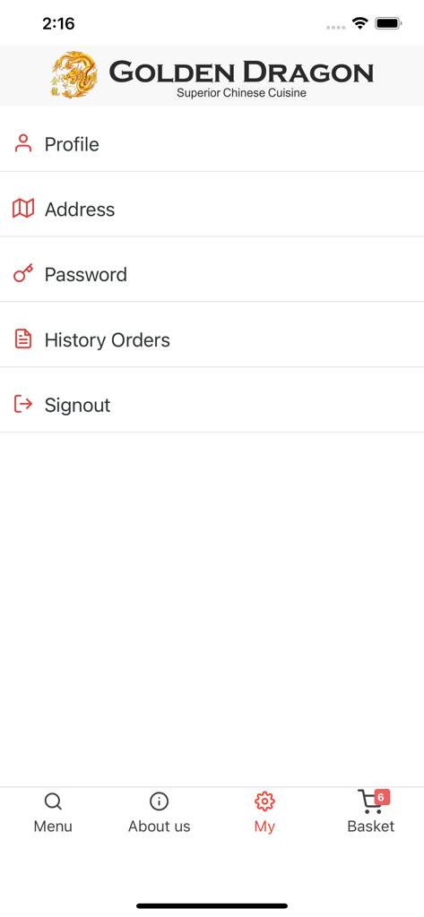 Golden Dragon Truro - Menú de cuenta de usuario de la aplicación Golden Dragon Truro con opciones de dirección de perfil e historial de pedidos
