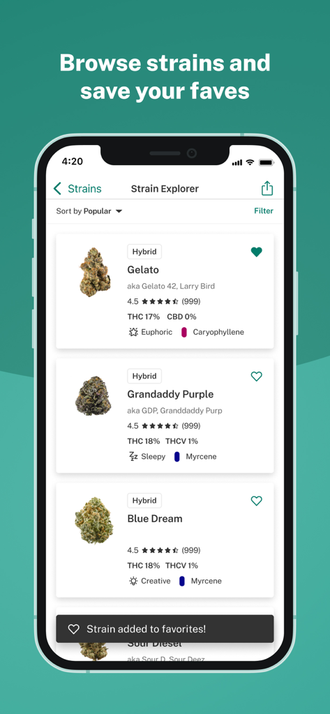 Leafly app interface showing the Strain Explorer page with a list of cannabis strains and their effects