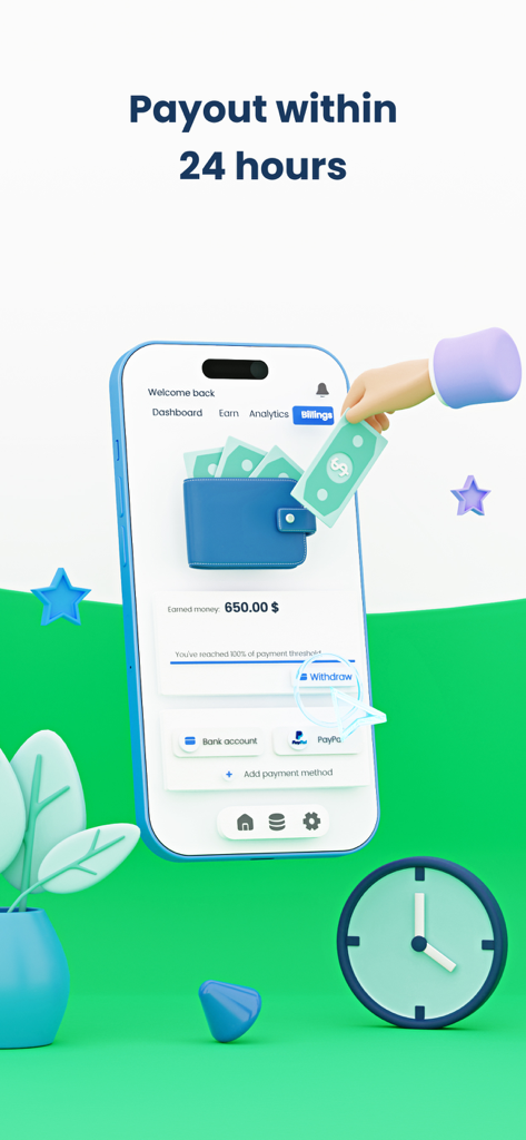 Paidwork: Make Money - Interface of the Paidwork app showing a balance of 650 dollars with options for bank transfer and PayPal withdrawal