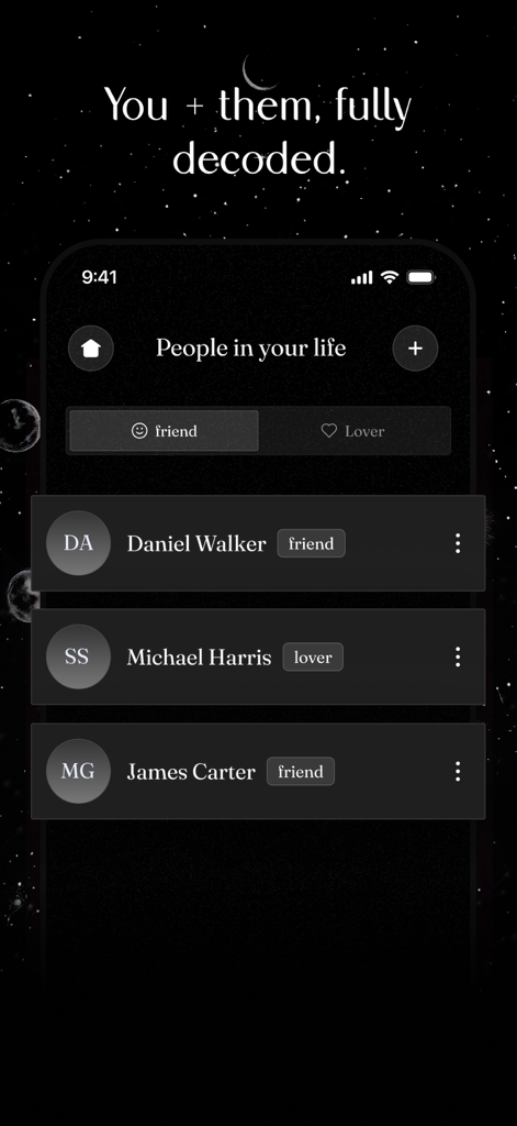Starla app screen showing a list of friends and lovers for relationship decoding
