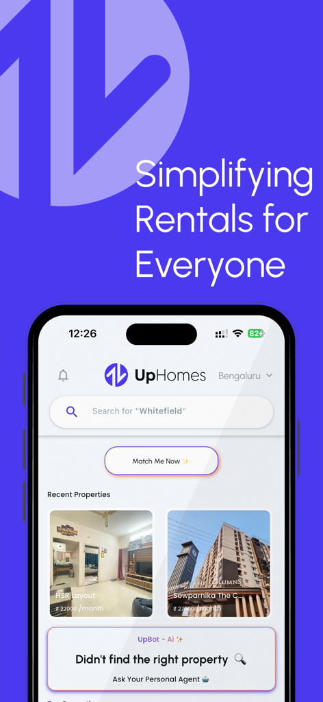 UpHomes - UpHomes mobile app interface showing property search and rental listings with an AI assistant