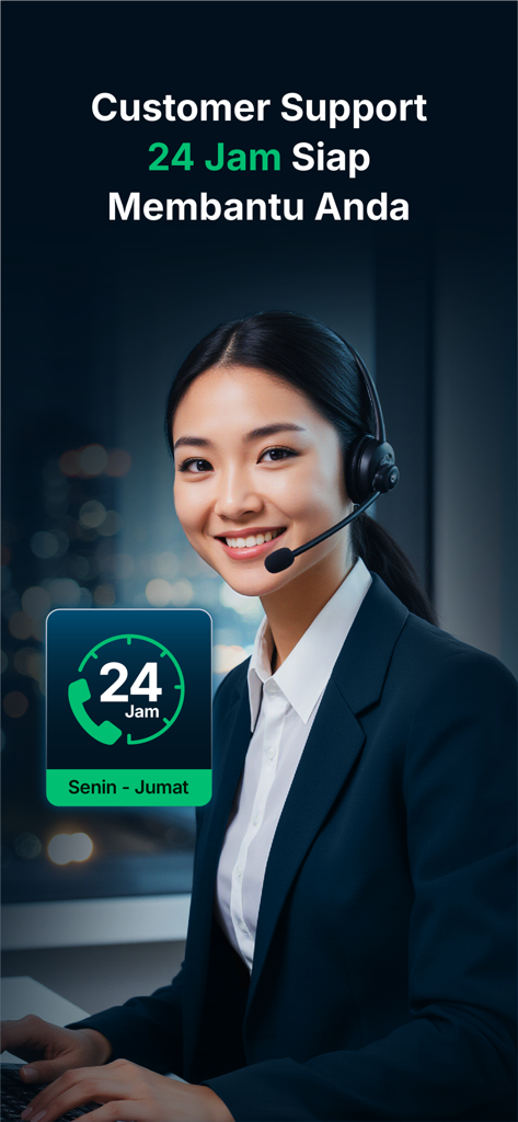 Agente de atención al cliente sonriente con auriculares que ofrece asistencia las 24 horas para la aplicación de trading MIFX.