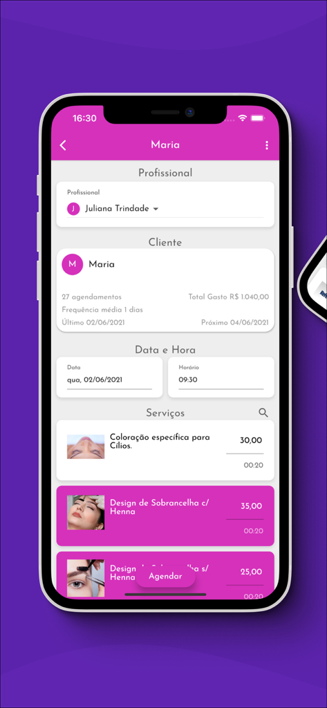 Interface de l'application mobile Tua Agenda montrant un rendez-vous client avec des détails sur les services d'ongles et de sourcils