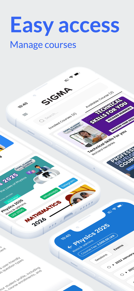 Klass Student App - Capturas de pantalla móviles de la Klass Student App que muestran los cursos educativos inscritos y las funciones de gestión de clases