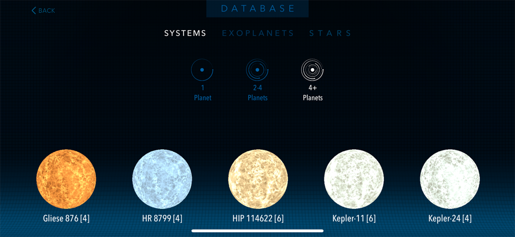 A screenshot of the Cosmic Atlas app database showing different planetary systems and 3D star models.