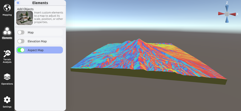 3D Mappa - GIS & Topo Analysis - Interfaccia mobile di 3D Mappa che visualizza una mappa di esposizione 3D colorata e dettagliata per l'analisi del terreno.