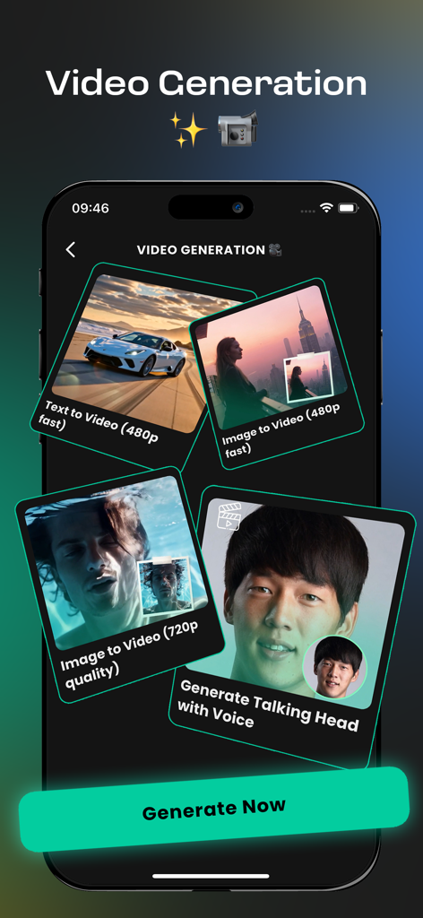 A smartphone screen displaying the Wiro AI video generation menu with options for text to video image to video and talking head generation.