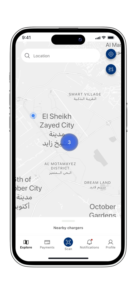 Electra By Raya - Interfaz del mapa de la aplicación móvil Electra By Raya que muestra las estaciones de carga de vehículos eléctricos cercanas.