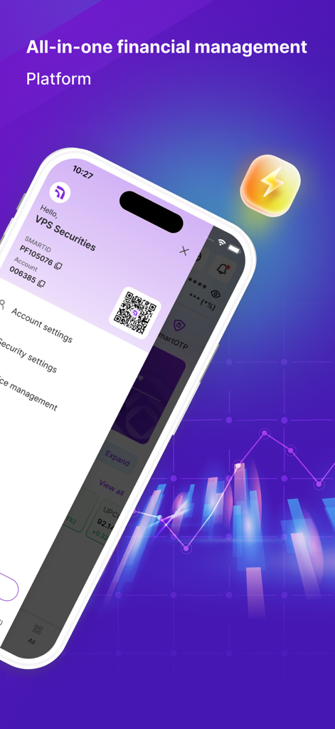 VPS SmartOne - VPS SmartOne app interface showing account management features and stock market charts