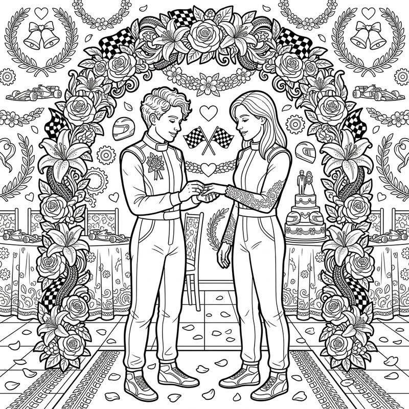 Experience the thrilling fusion of love and racing with this unique Formula 1 Drivers wedding coloring page. Perfect for fans who adore both the excitement of the track and the romance of a special celebration.