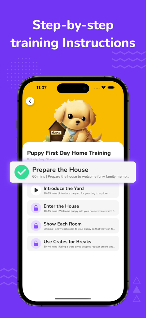 Dog Training App: Train My Dog - Uma tela de aplicativo móvel mostrando instruções de treino passo a passo para o primeiro dia do filhote em casa.
