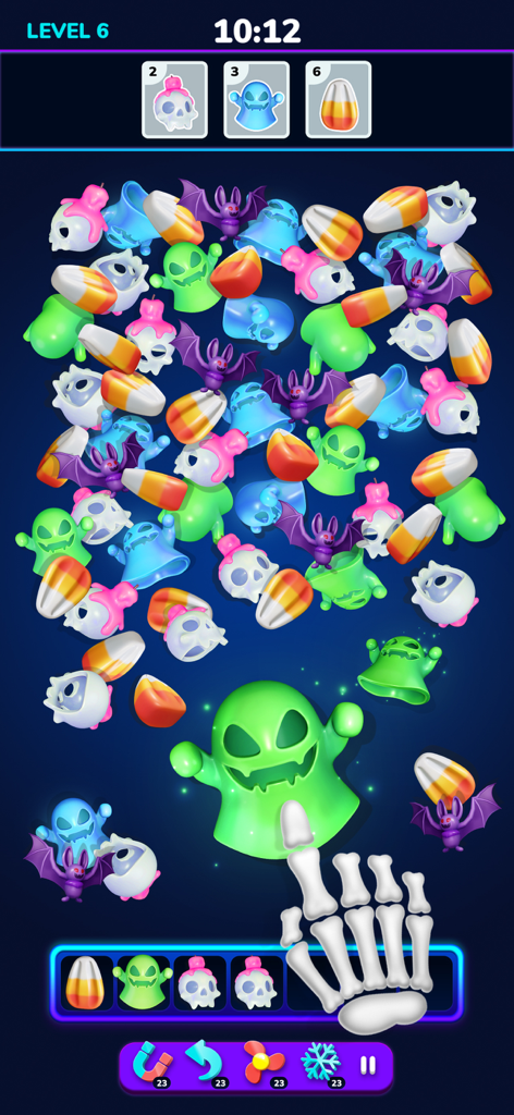 Blitz Factory 3D - A 3D triple-match puzzle gameplay screen from Blitz Factory featuring Halloween items like ghosts and skulls