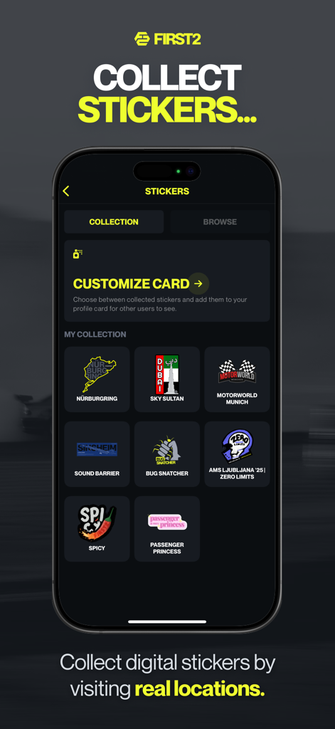Digital sticker collection interface in the FIRST2 app for car enthusiasts.