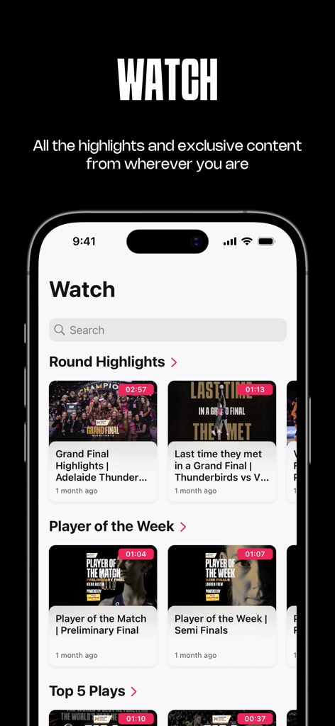 Sección de momentos destacados de video de la App Oficial Netball Live con resúmenes de partidos y jugadora de la semana.