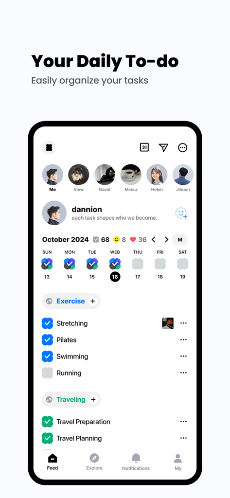 todo mateアプリのスクリーンショット。運動や旅行のカテゴリー、ソーシャルのプロフィールアイコンが表示された毎日のタスクリストが表示されています。
