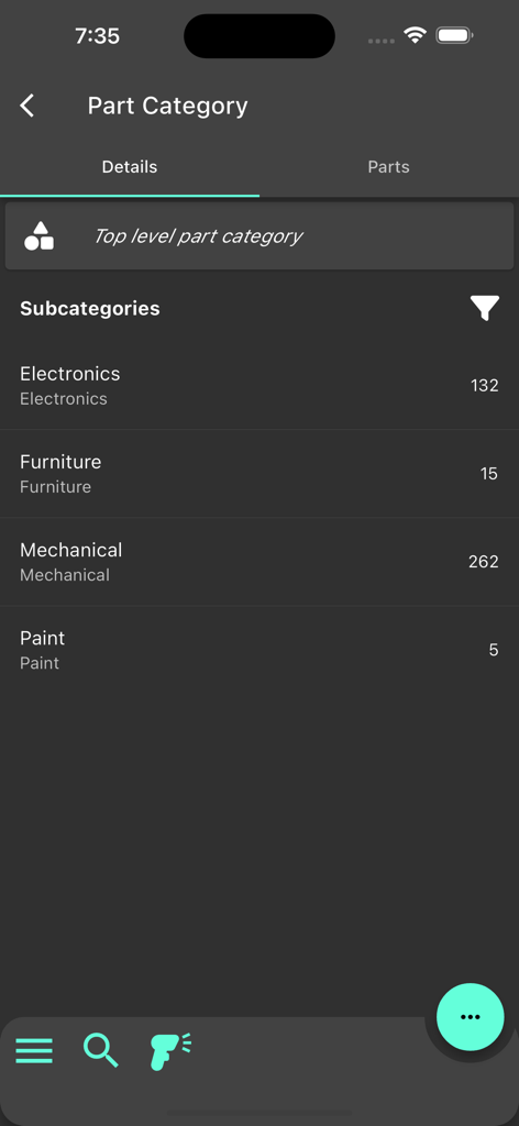 InvenTree-App-Oberfläche mit einer Liste von Teilekategorien, einschließlich Elektronik- und mechanischer Artikel mit ihren Lagerbeständen