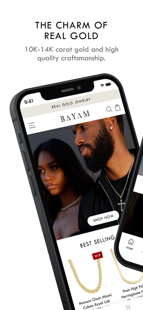 BAYAM JEWELRY - Bayam Jewelry mobile app homepage displaying real gold chains and jewelry on models
