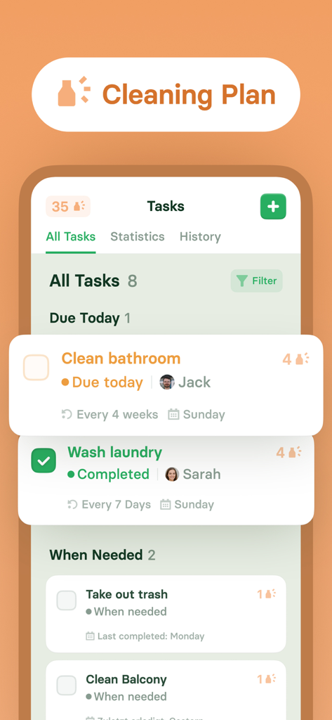 Flatastic app cleaning plan showing a list of household chores assigned to roommates.