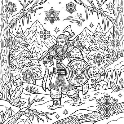 Unleash your creativity with this magnificent coloring page featuring a robust Viking explorer navigating a breathtaking winter landscape. Perfect for adults and teens, this intricate design invites you to add vibrant hues to a scene filled with snow, ice, and ancient Nordic charm.
