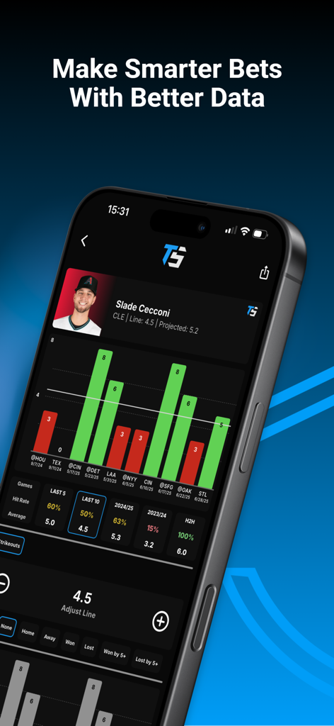 Toad Sports - Betting Research - 두꺼비 스포츠 모바일 앱 인터페이스가 스포츠 베팅 리서치를 위한 상세한 선수 성과 통계 및 데이터 차트를 보여줍니다.