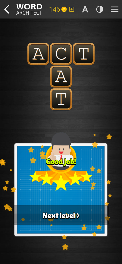 Word Architect - Word Architect 게임 스크린샷. 완성된 십자말 풀이와 별이 있는 레벨 완료 알림을 보여줍니다.