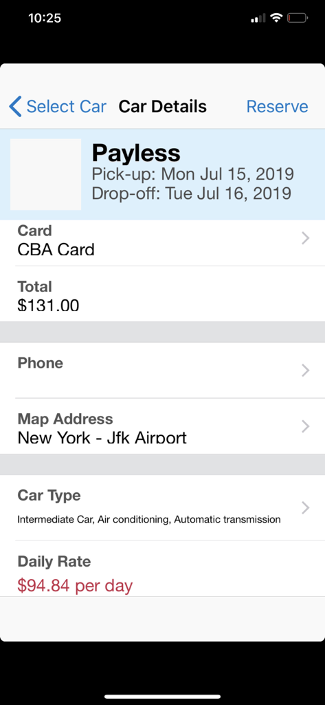 ConcurGov mobile app screen showing rental car booking details including price and location