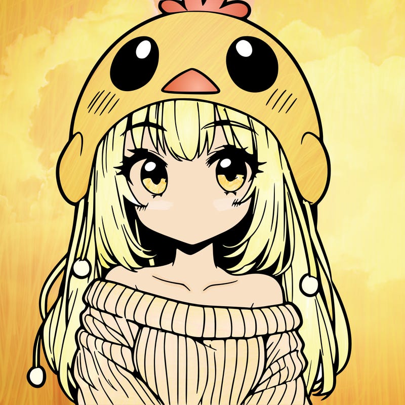 anime girl with chick shaped hat with sweater with bare shoulders with bangs covering them one eye with low tail