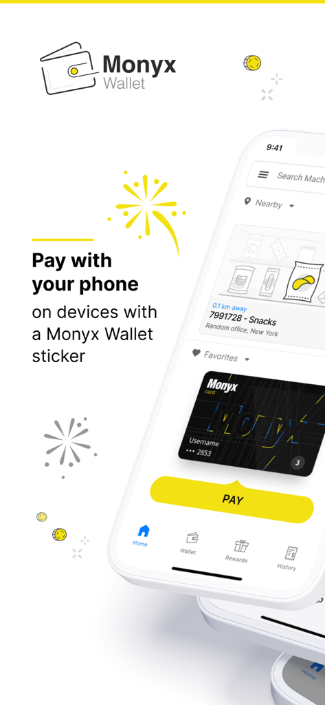 Monyx Wallet - Smartphone, das die Monyx Wallet App-Oberfläche für bargeldlose Zahlungen an Automaten anzeigt
