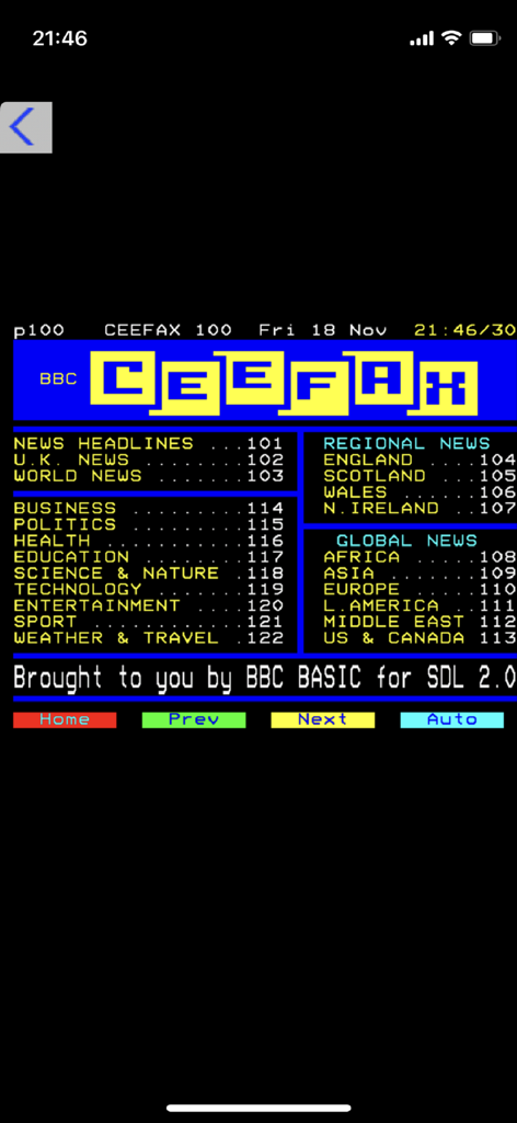 Uma interface retrô de teletexto Ceefax exibida dentro do aplicativo BBCBasic.