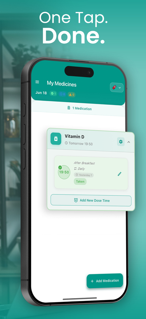 MedAlert: Pill Reminder - Interface do aplicativo MedAlert em uma tela de smartphone mostrando um lembrete de medicação e status de rastreamento