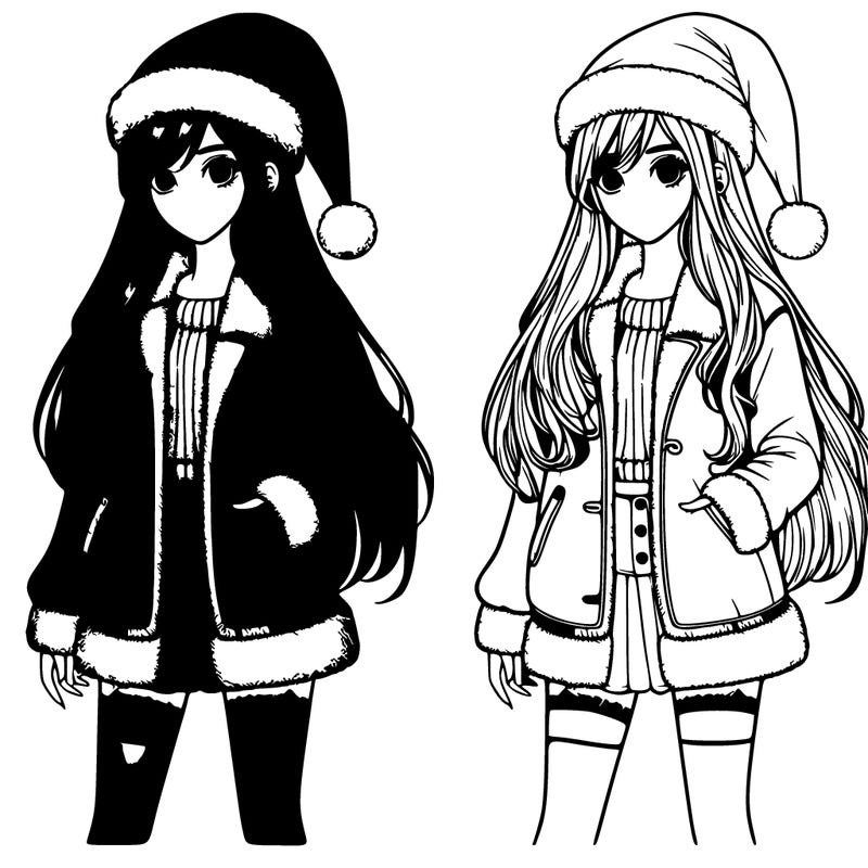 realistic detailed, girl in santa hat with long straight hair jacket and a short skirt