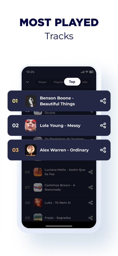 Screenshot of the Radio Brazil app displaying a list of the most played tracks and popular songs.