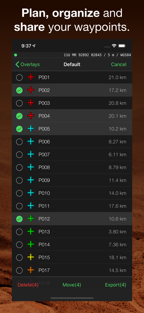 MilGPS app screen showing a list of waypoints with distances and export options
