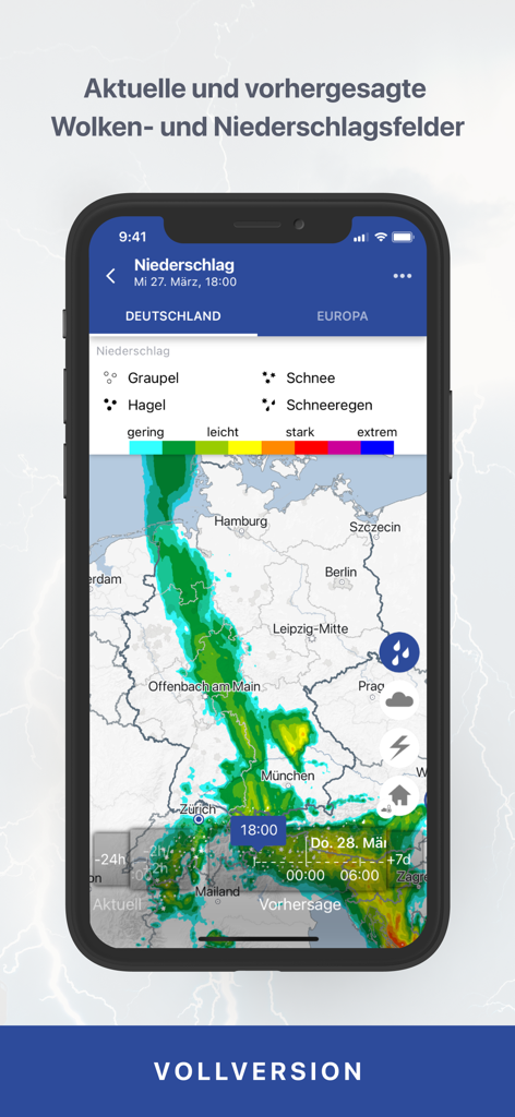 Mobile app screenshot of DWD WarnWetter showing a real-time precipitation radar map over Germany with intensity levels.