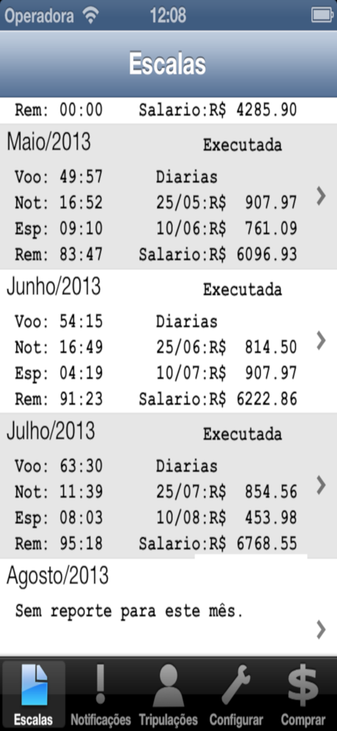 CrewLink Manager - Tela de relatório mensal de escala de voos e ganhos salariais no aplicativo móvel CrewLink Manager