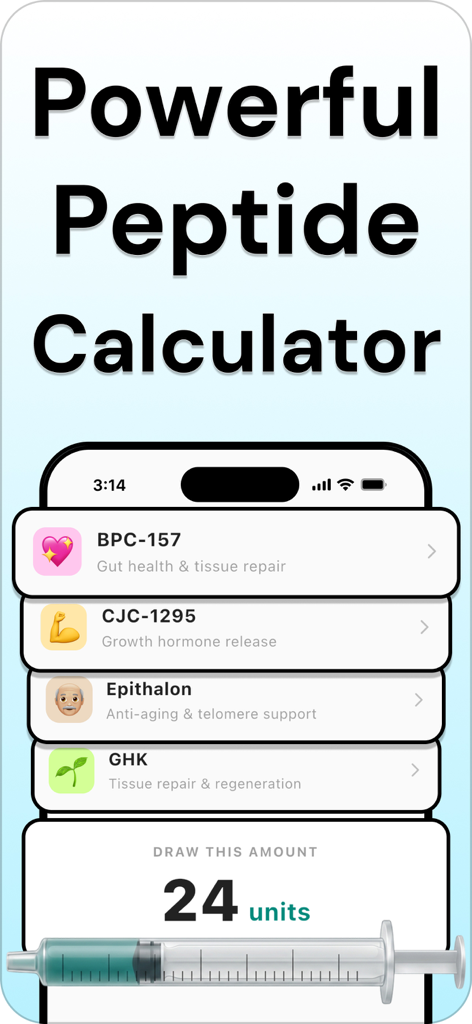 PepSync app interface showing peptide dosage calculations and syringe units