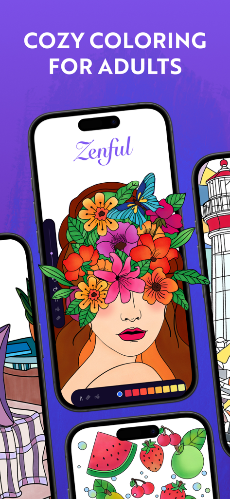 Zenful: Cozy Coloring Books - Zenful app screens featuring cozy coloring pages for adults.