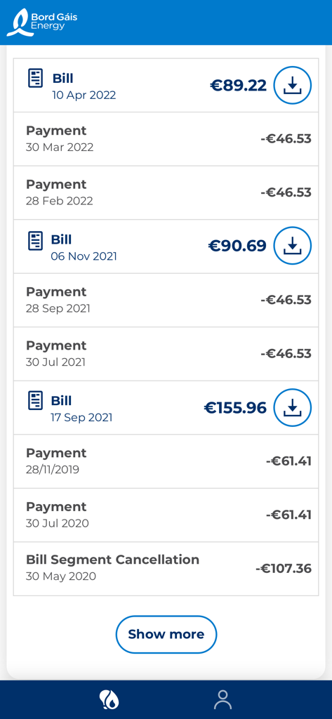 Billing and payment history screen in the My Bord Gais Energy app showing previous bills and payments with dates and amounts
