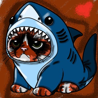 a realistic grumpy cat wearing a cute shark costume