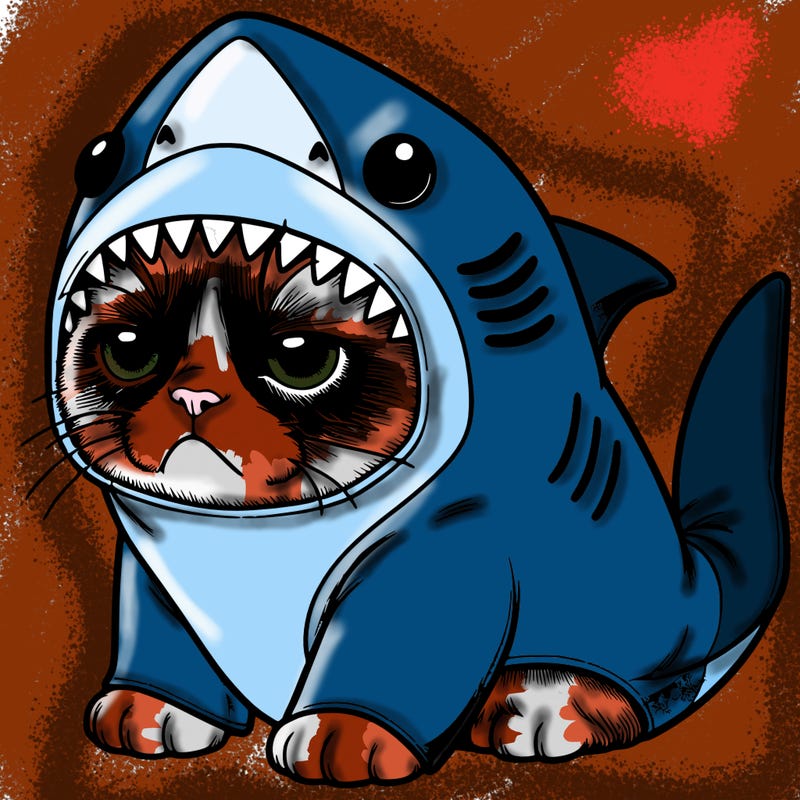 a realistic grumpy cat wearing a cute shark costume