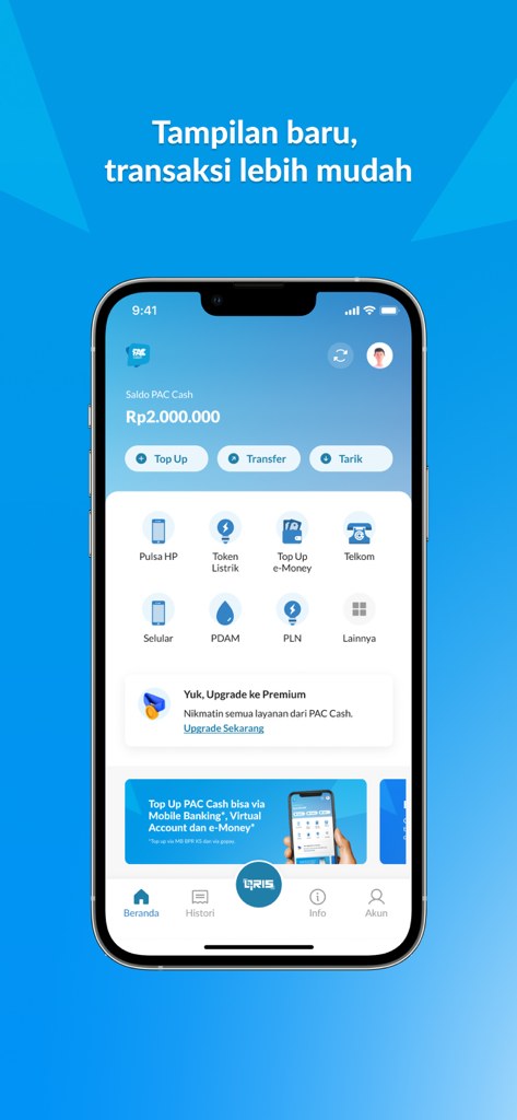 Panel de la aplicación móvil PAC Cash que muestra el saldo de la billetera digital y las opciones de pago de facturas indonesias