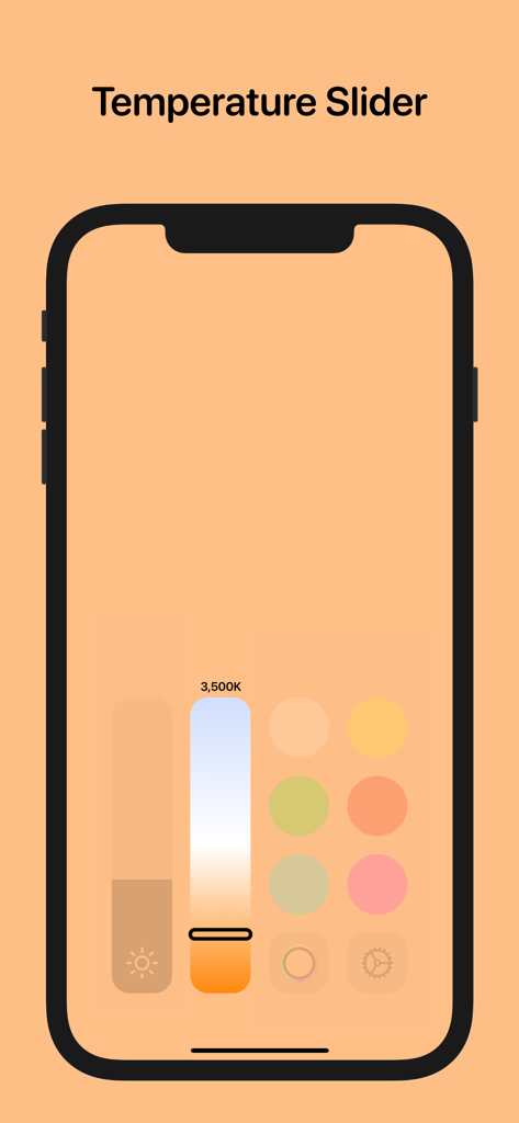 Interfaz de la aplicación Kelvin mostrando el deslizador de temperatura configurado en 3500K para control de iluminación personalizado