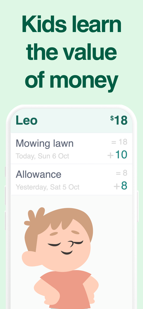 Piggy Bank Kids - Bomad - Piggy Bank Kids app interface showing a virtual ledger for chores and allowance tracking
